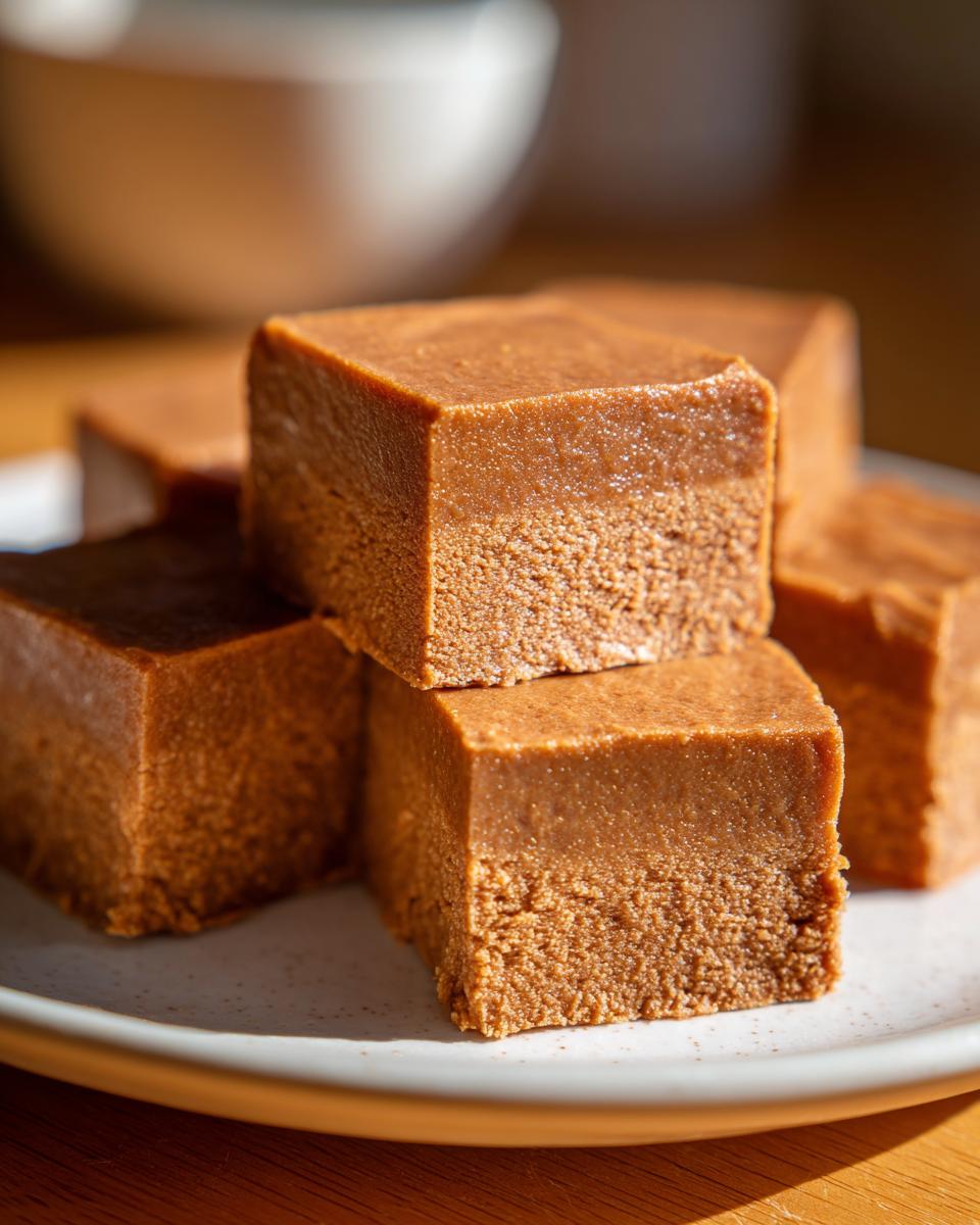 Close-up of rich, square peanut butter fudge pieces stacked on a plate, perfect for dessert recipes.