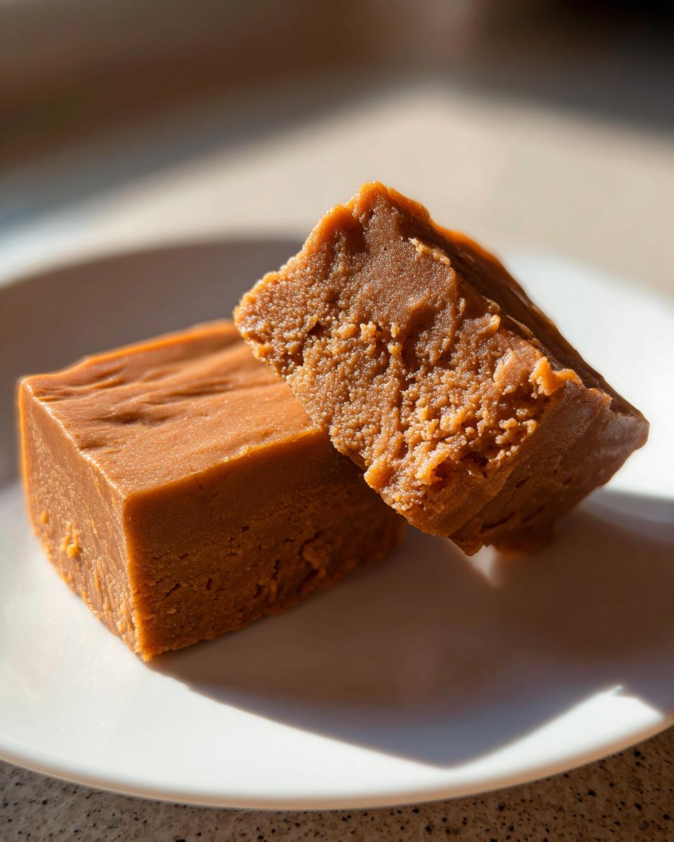 Two squares of rich peanut butter fudge on a white plate, perfect for dessert recipes.