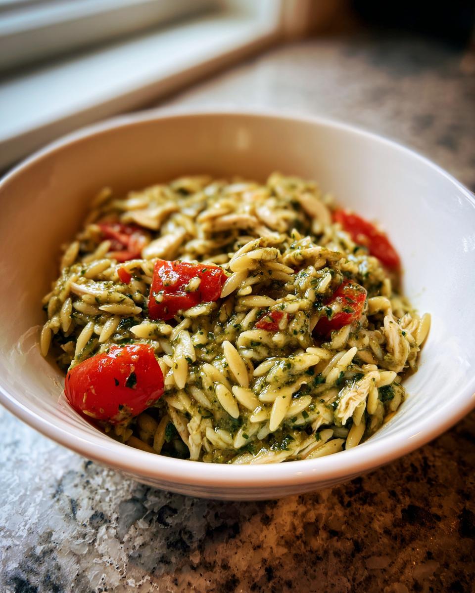 A close-up of a white bowl filled with pesto orzo pasta, cherry tomatoes, and shredded chicken.