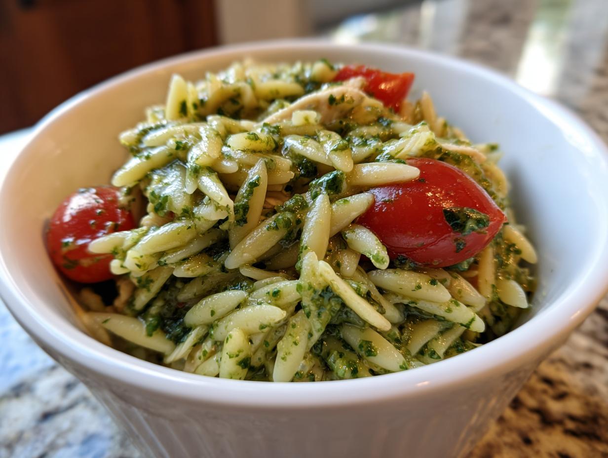 Close-up of Pesto Orzo pasta with cherry tomatoes in a white bowl.