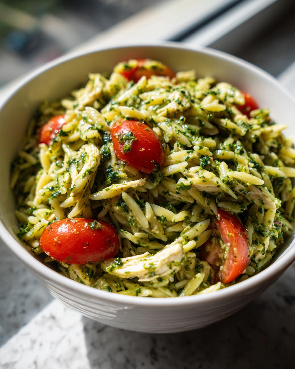 A bowl of pesto orzo pasta salad with shredded chicken and halved cherry tomatoes, showcasing vibrant green pesto.