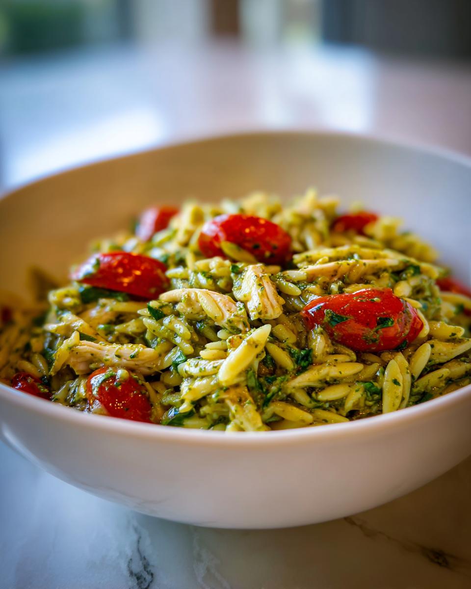A bowl of pesto orzo pasta with shredded chicken and bright red cherry tomatoes.