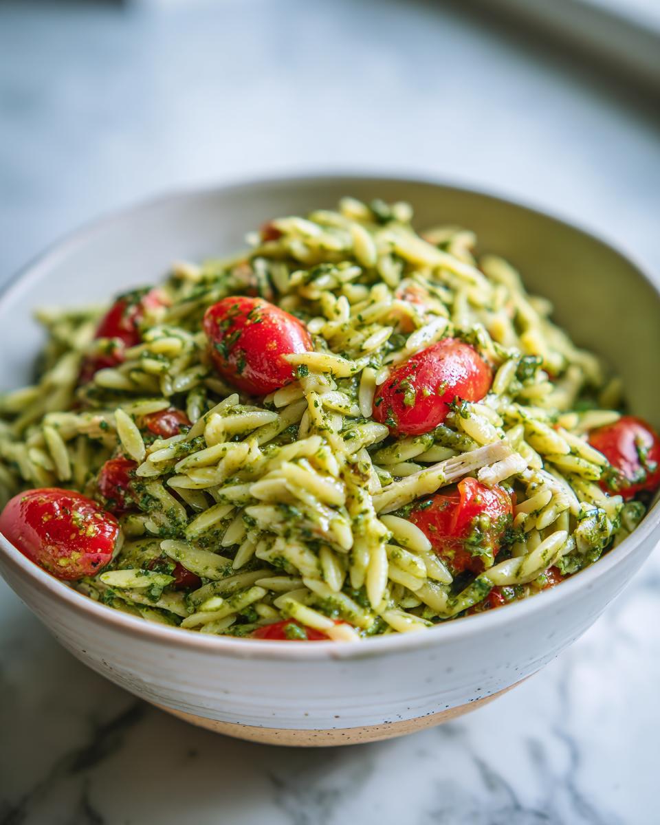 A bowl of pesto orzo pasta with bright red cherry tomatoes, a perfect pasta recipe.