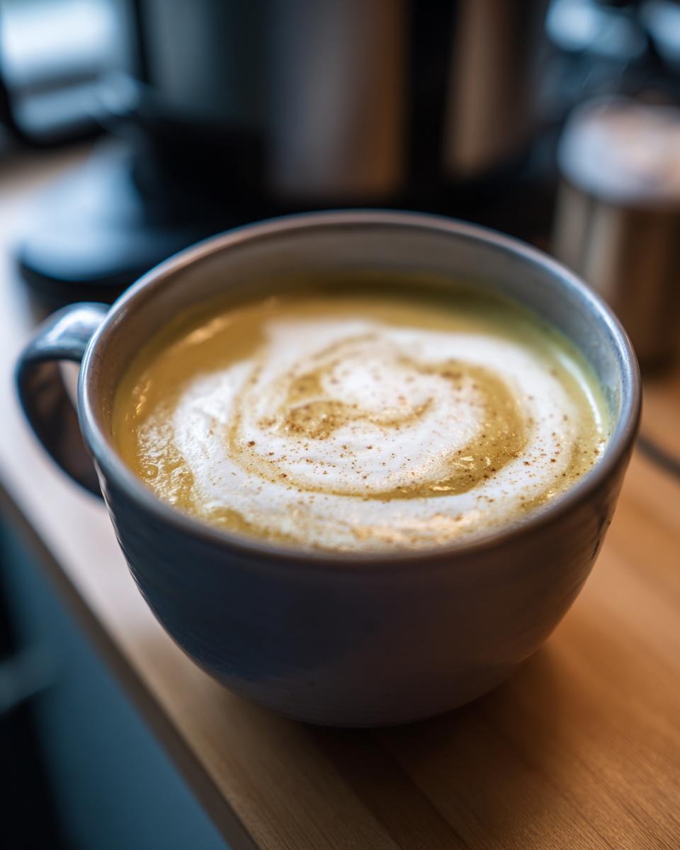 Close-up of a mug filled with creamy potato leek soup, topped with a swirl of cream and a sprinkle of spices.