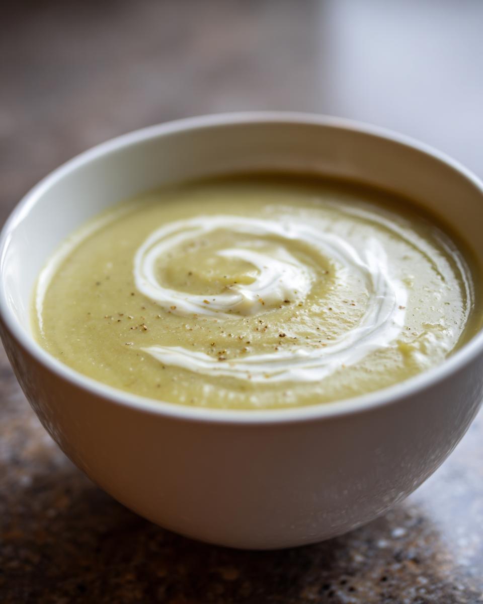 A close-up of a white bowl filled with creamy Potato Leek Soup, swirled with cream and sprinkled with pepper.