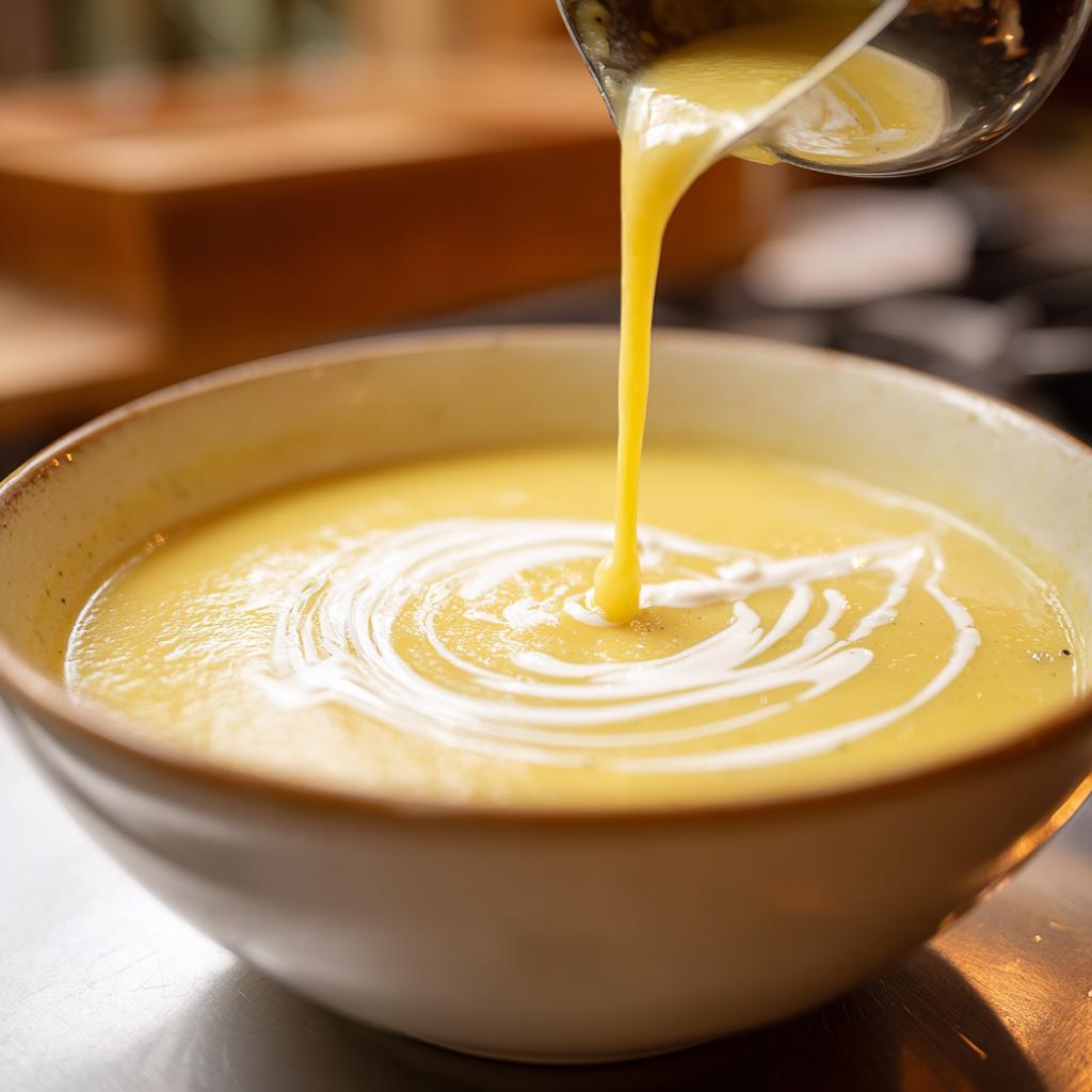 Close-up of rich potato leek soup being poured into a bowl, with cream swirled on top.