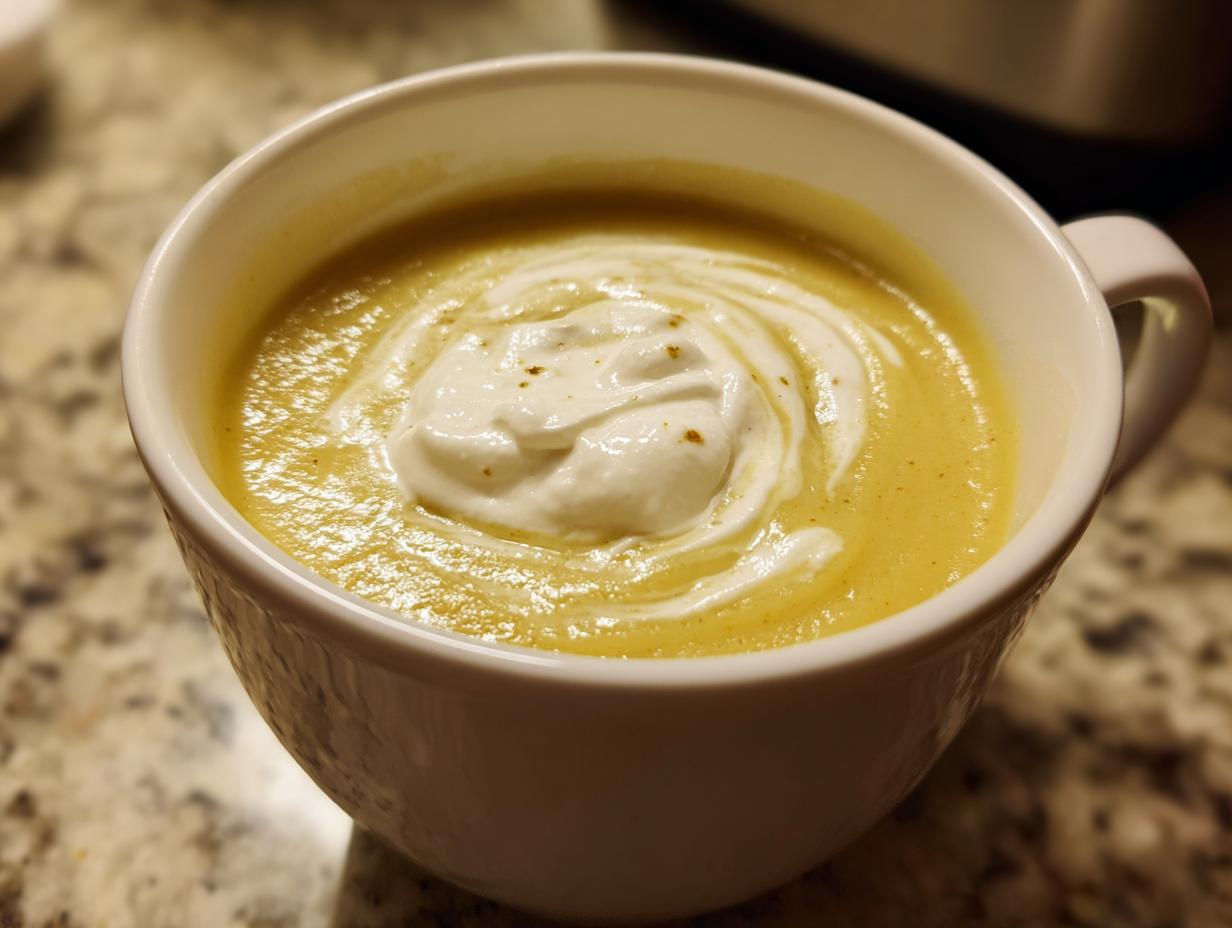 A close-up of a white bowl filled with rich and silky potato leek soup, topped with a swirl of cream.