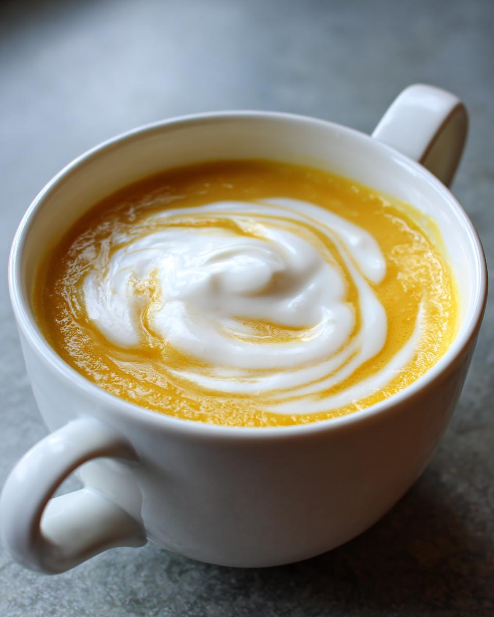 Close-up of a white mug filled with rich, silky potato leek soup, topped with a swirl of cream.