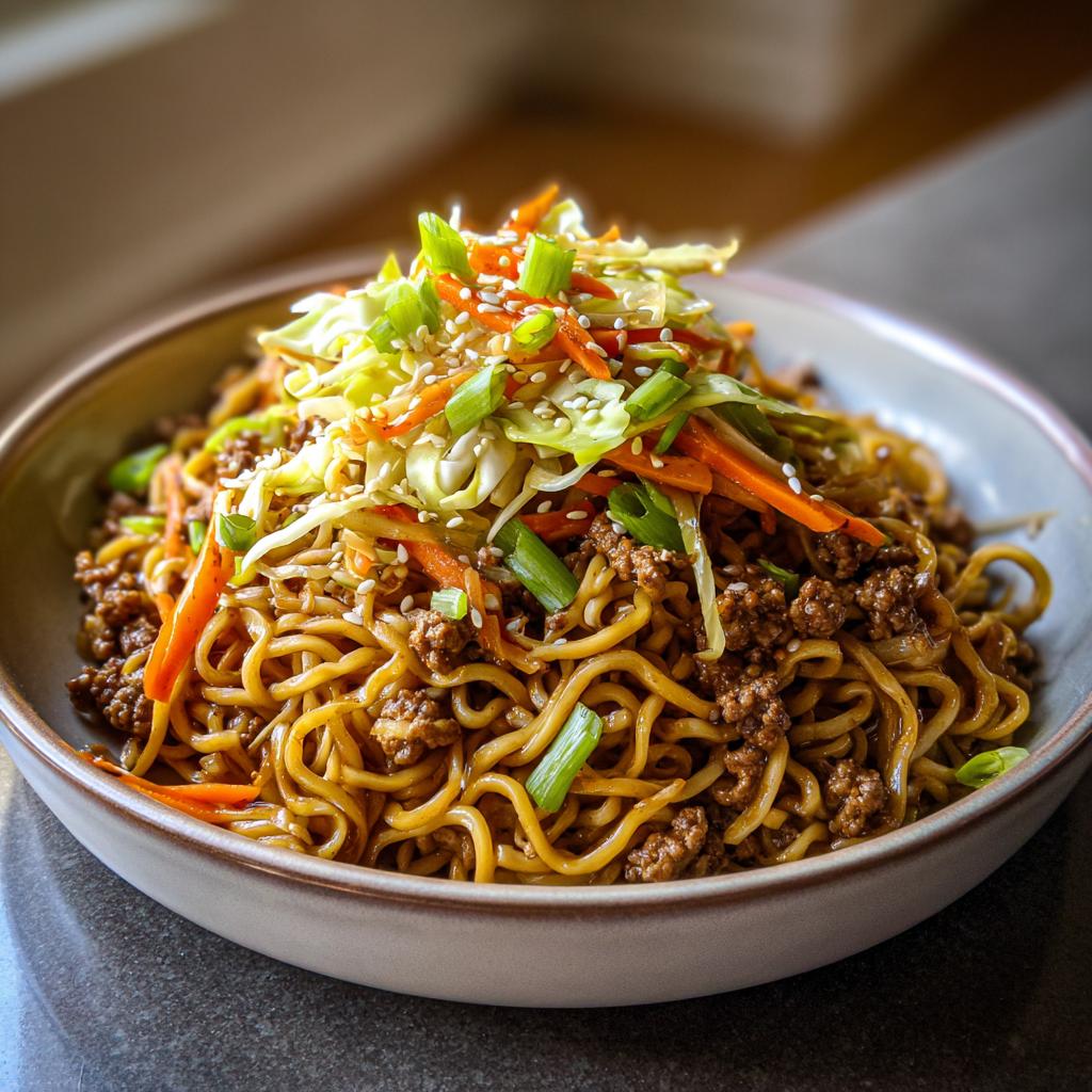 A delicious bowl of Potsticker Noodle Bowl with Pork & Cabbage Slaw, topped with fresh green onions and sesame seeds.