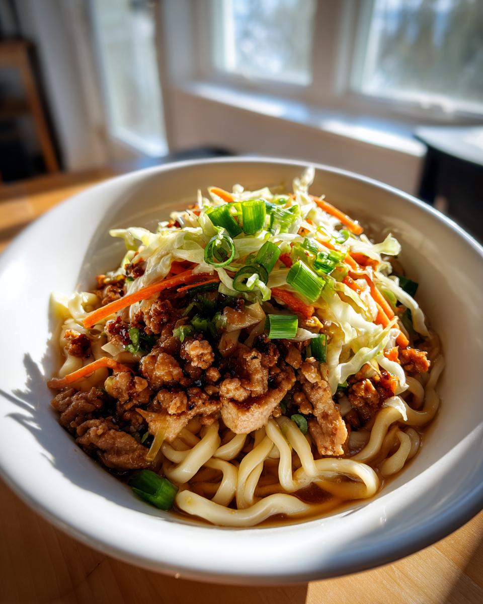 A close-up of a Potsticker Noodle Bowl with Pork & Cabbage Slaw, featuring thick noodles, savory pork, and fresh slaw.