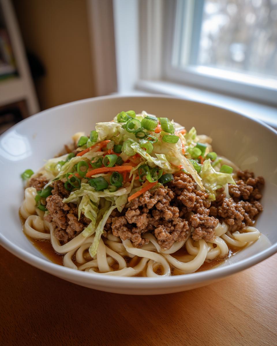 A close-up of a Potsticker Noodle Bowl with Pork & Cabbage Slaw, featuring thick noodles, seasoned ground pork, and a fresh slaw topping.