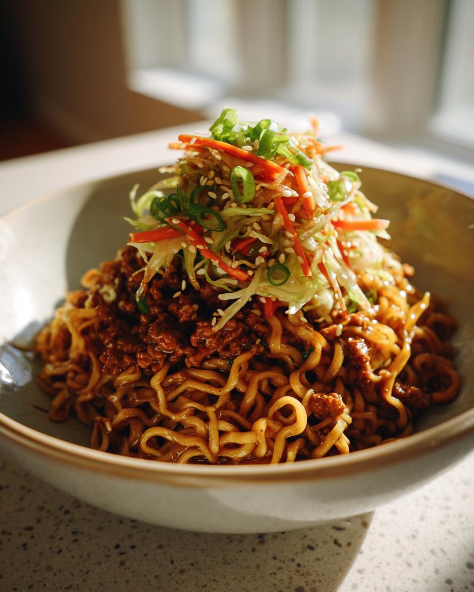 A close-up of a Potsticker Noodle Bowl with Pork & Cabbage Slaw, featuring noodles topped with savory pork and fresh slaw.
