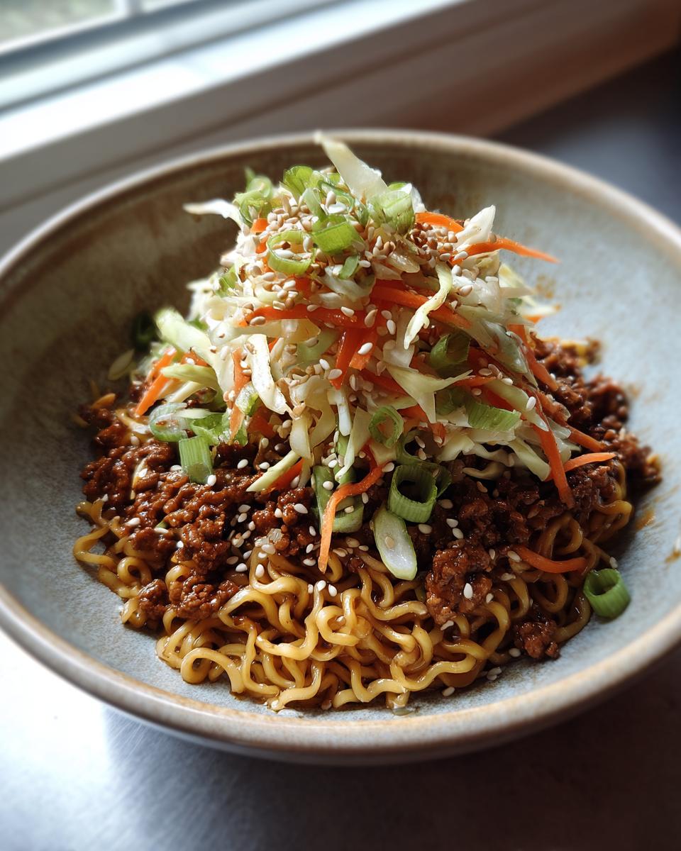 A close-up of a Potsticker Noodle Bowl with Pork & Cabbage Slaw, featuring noodles, savory pork, and a fresh slaw topping.