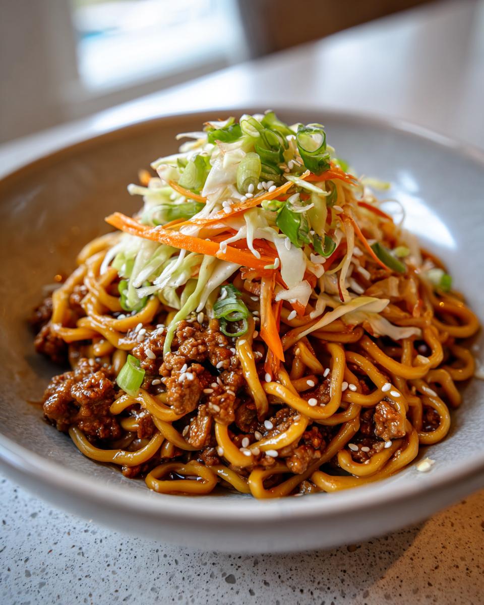 A close-up of a Potsticker Noodle Bowl with savory pork and a fresh cabbage slaw topping, garnished with sesame seeds and green onions.