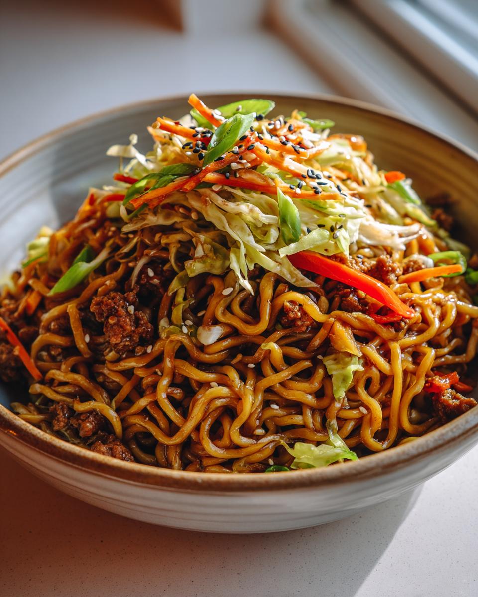 A close-up of a bowl filled with Potsticker Noodle Bowl with Pork & Cabbage Slaw, featuring noodles, ground pork, and fresh slaw.