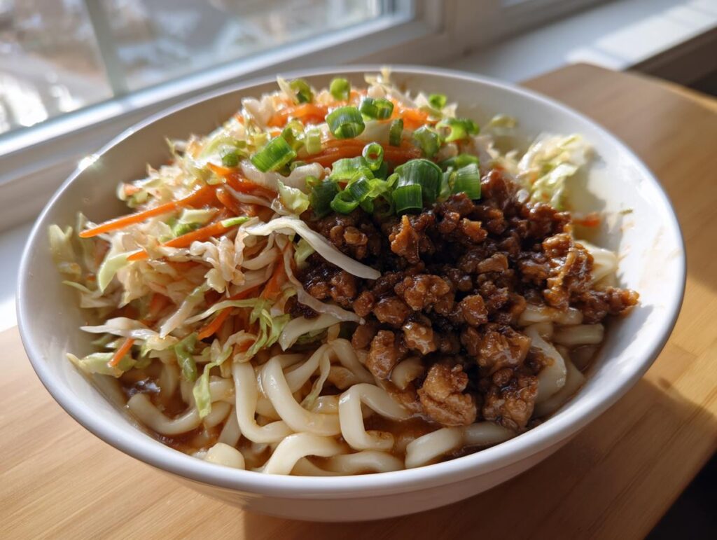 A close-up of a Potsticker Noodle Bowl with Pork & Cabbage Slaw, featuring thick noodles, savory ground pork, and fresh slaw.