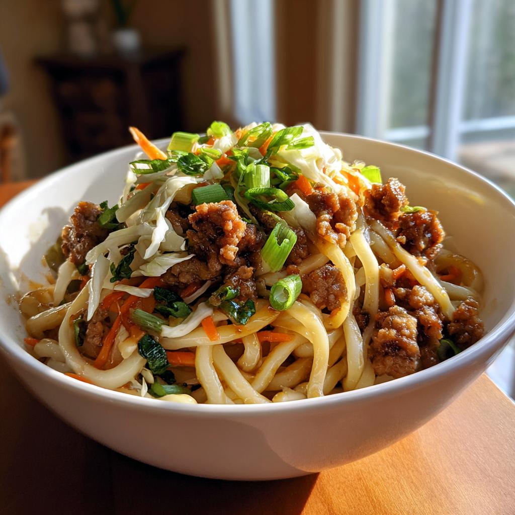 A delicious bowl of Potsticker Noodle Bowl with Pork & Cabbage Slaw, featuring thick noodles, savory pork, and fresh slaw.