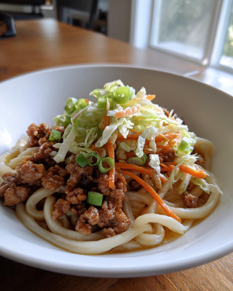 A close-up of a white bowl filled with thick noodles, topped with savory ground pork and a fresh cabbage and carrot slaw, garnished with green onions.