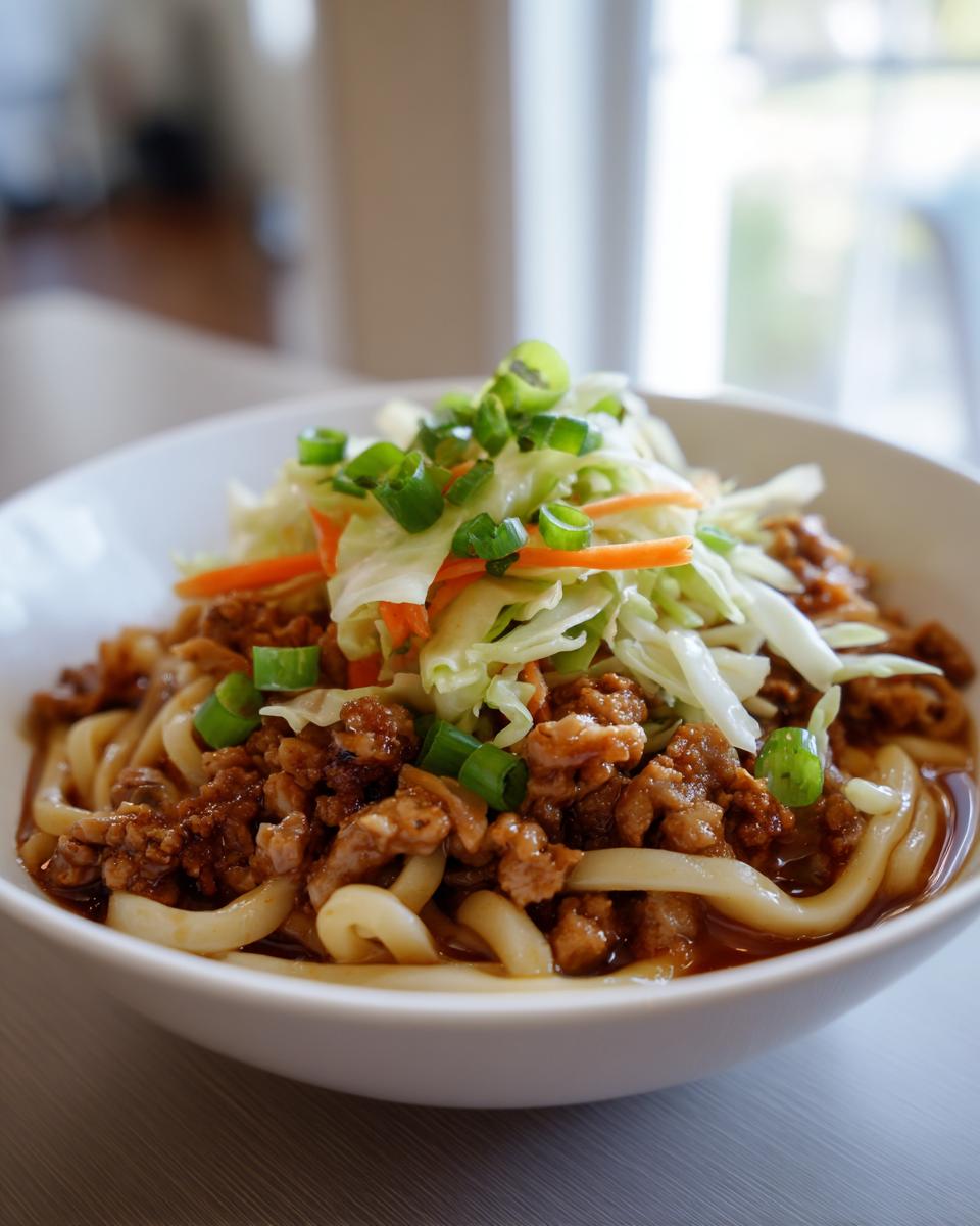 A close-up of a Potsticker Noodle Bowl with Pork & Cabbage Slaw, featuring thick noodles, savory ground pork, and a fresh slaw topping.