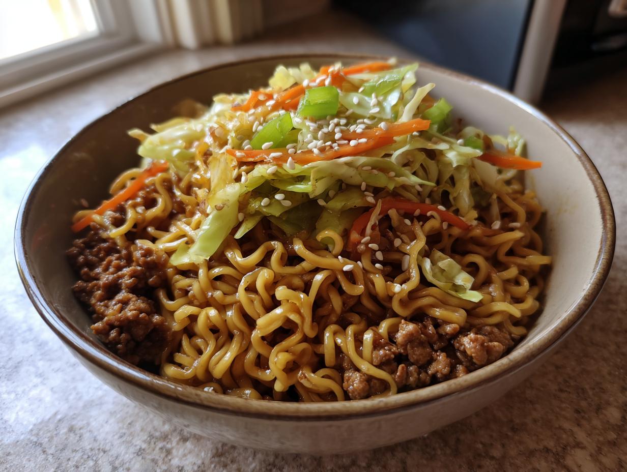 A close-up of a Potsticker Noodle Bowl with Pork & Cabbage Slaw, featuring noodles, ground pork, and fresh slaw topped with sesame seeds.