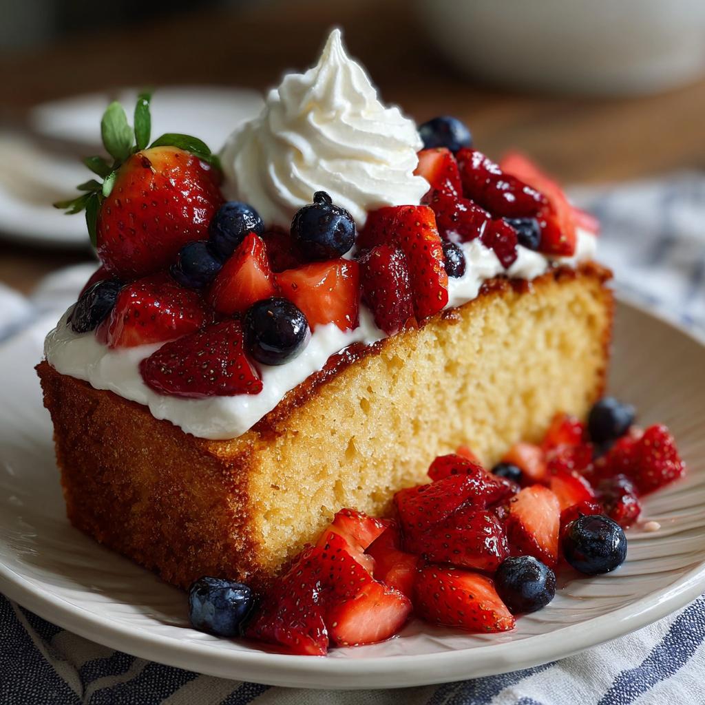 A slice of pound cake topped with whipped cream, strawberries, and blueberries, perfect for Fourth of July desserts.