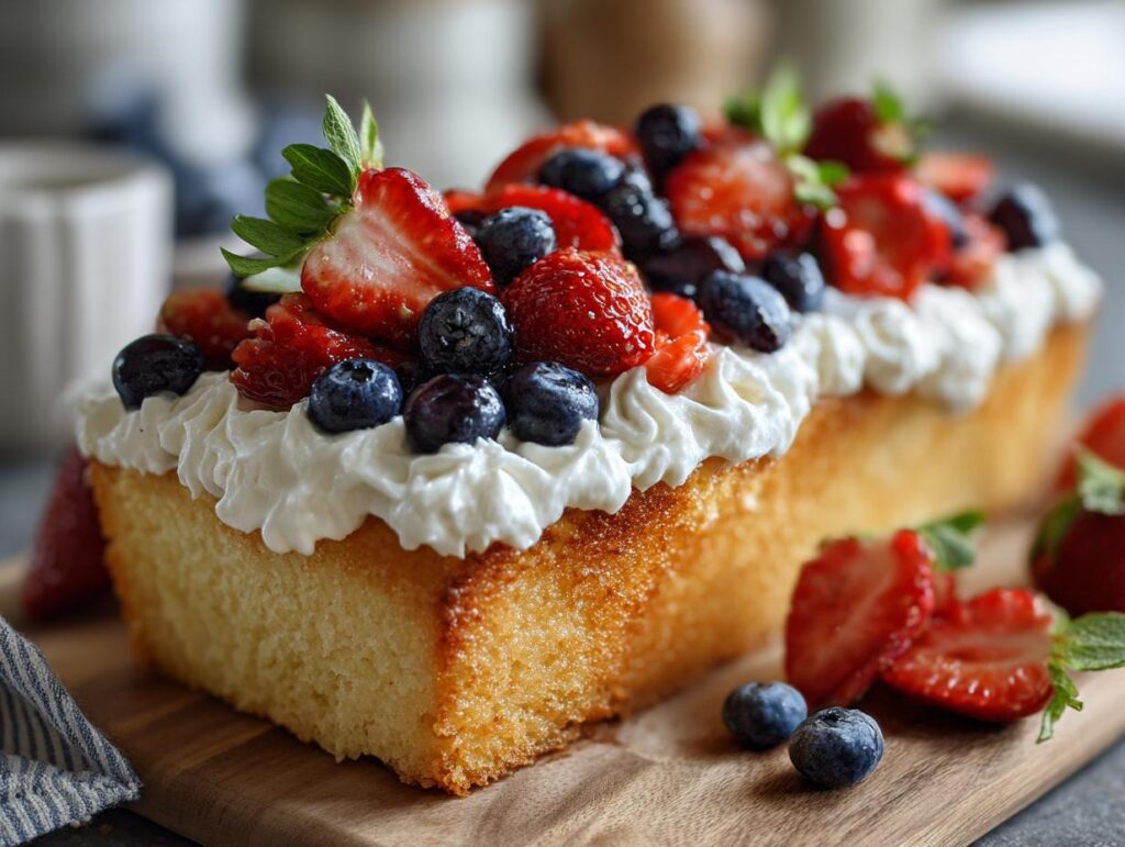 A pound cake loaf topped with whipped cream and fresh strawberries and blueberries, perfect for Fourth of July desserts.