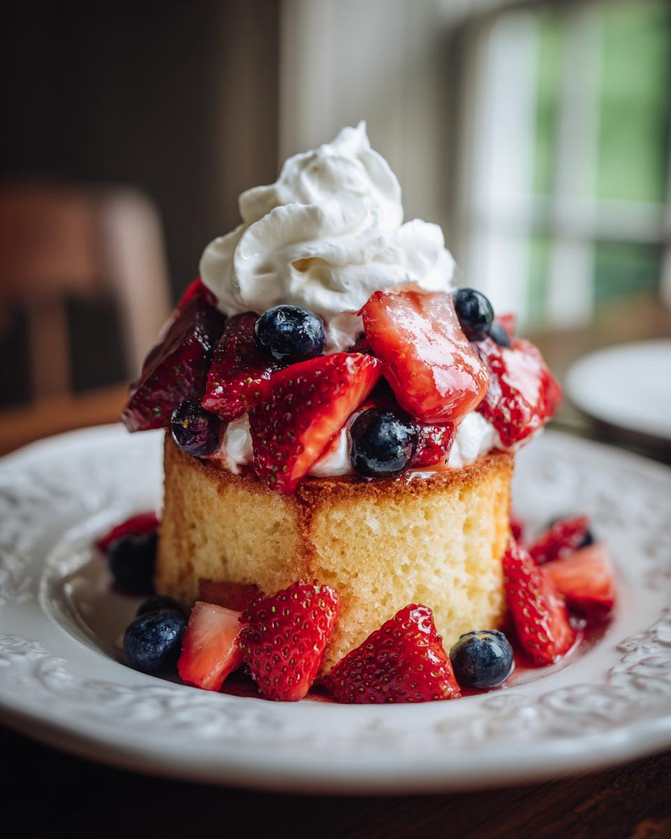A slice of pound cake topped with whipped cream, strawberries, and blueberries, perfect for Fourth of July desserts.