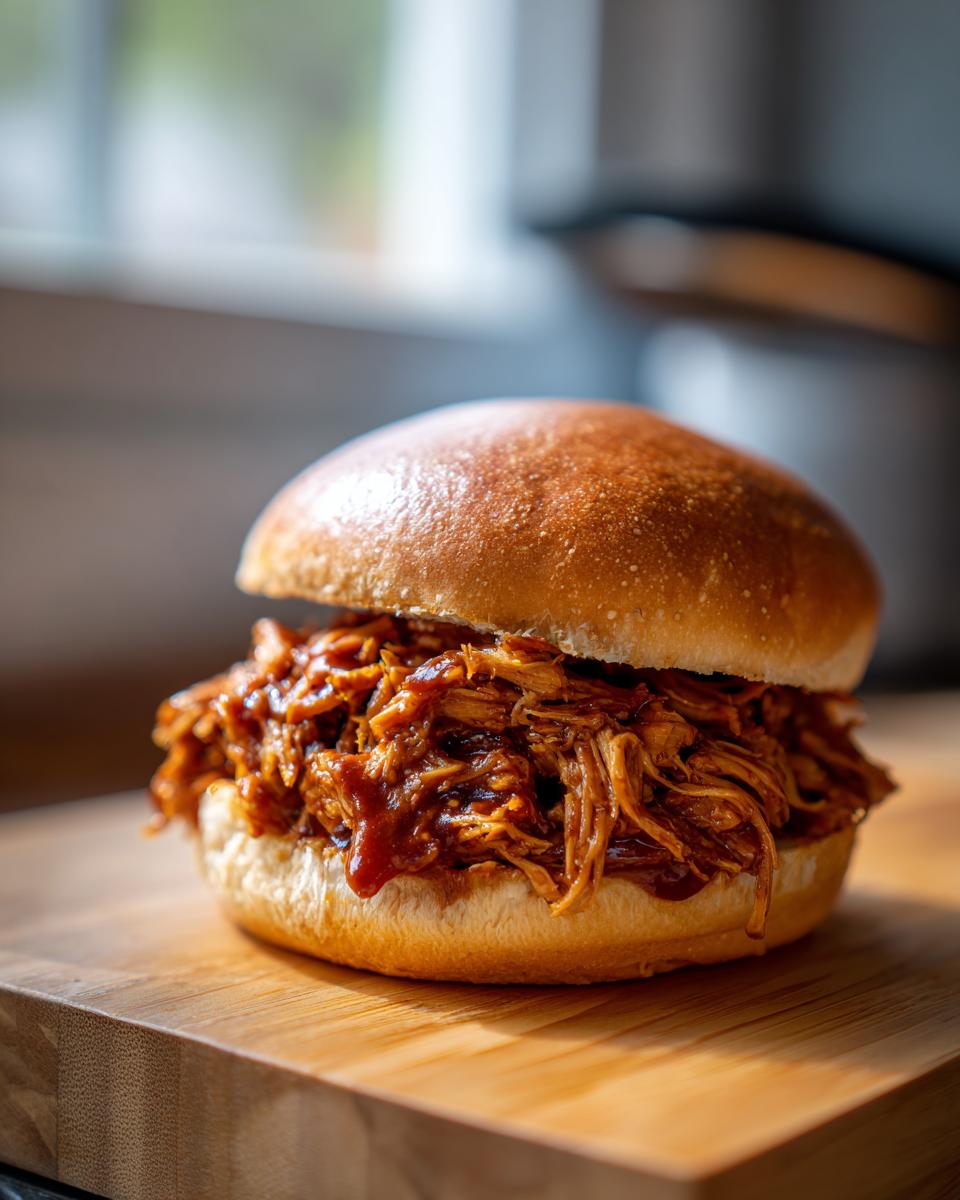 A delicious pulled BBQ chicken sandwich on a bun, made with slow cooker recipes.