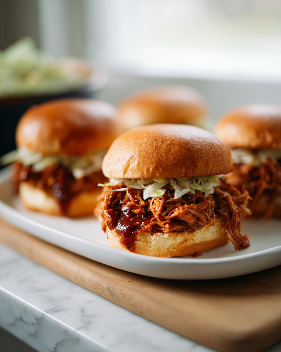 Close-up of slider buns filled with juicy pulled BBQ chicken and a sprinkle of coleslaw.