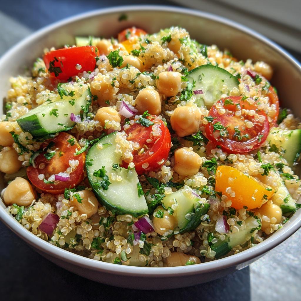 A vibrant bowl of quinoa chickpea salad with fresh tomatoes, cucumber, red onion, and parsley, perfect for healthy lunch ideas.