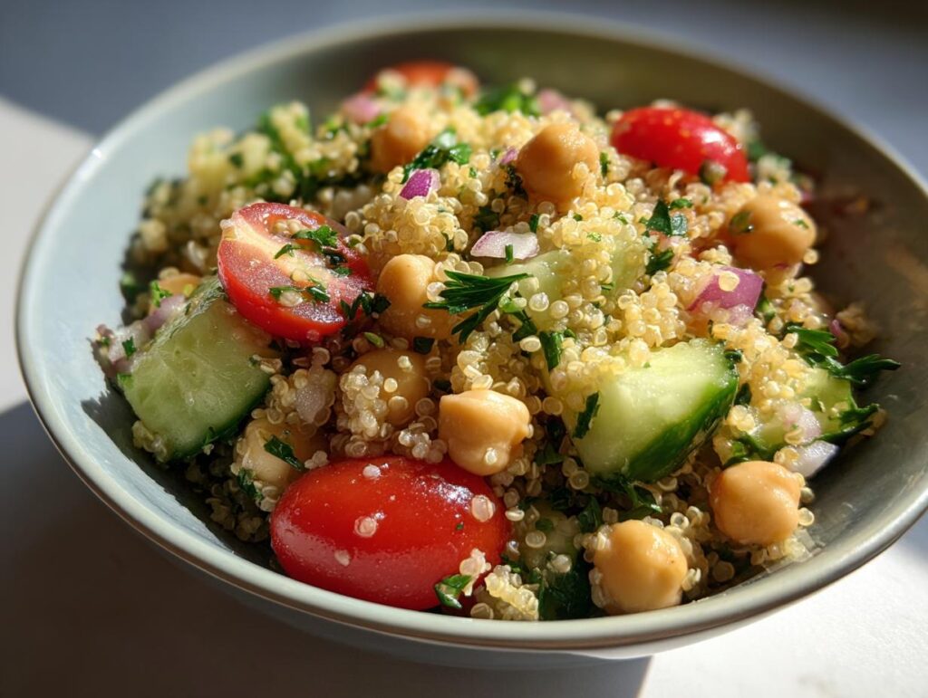 A refreshing bowl of Quinoa Chickpea Salad with cherry tomatoes, cucumber, red onion, and fresh parsley.