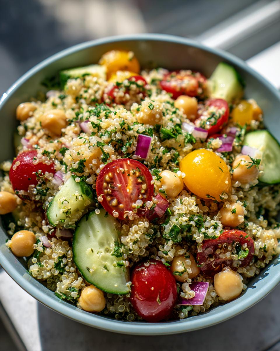 Close-up of a vibrant quinoa chickpea salad with cherry tomatoes, cucumber, red onion, and fresh parsley.