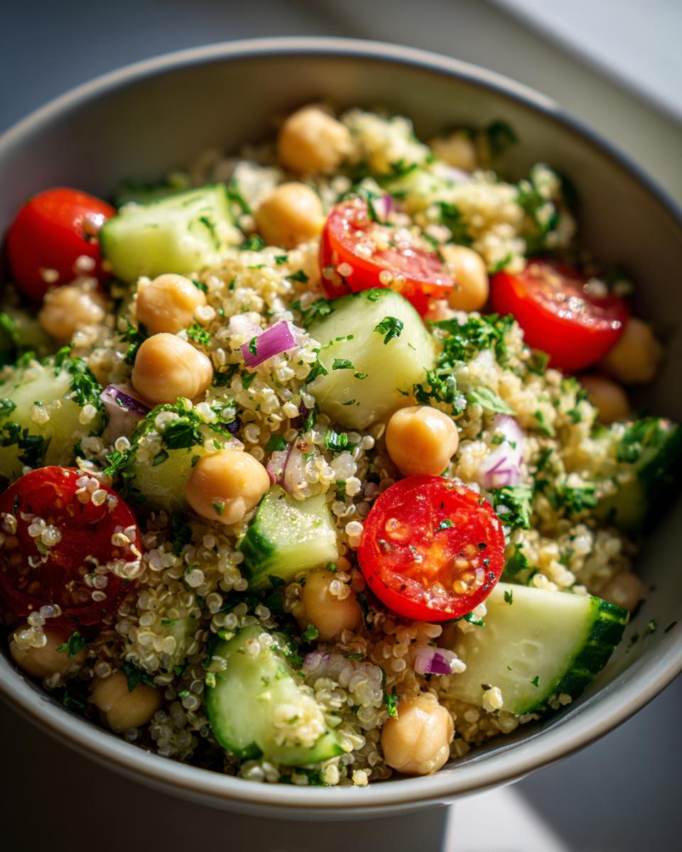Close-up of a vibrant Quinoa Chickpea Salad with cherry tomatoes, cucumber, red onion, and parsley, perfect for healthy lunch ideas.