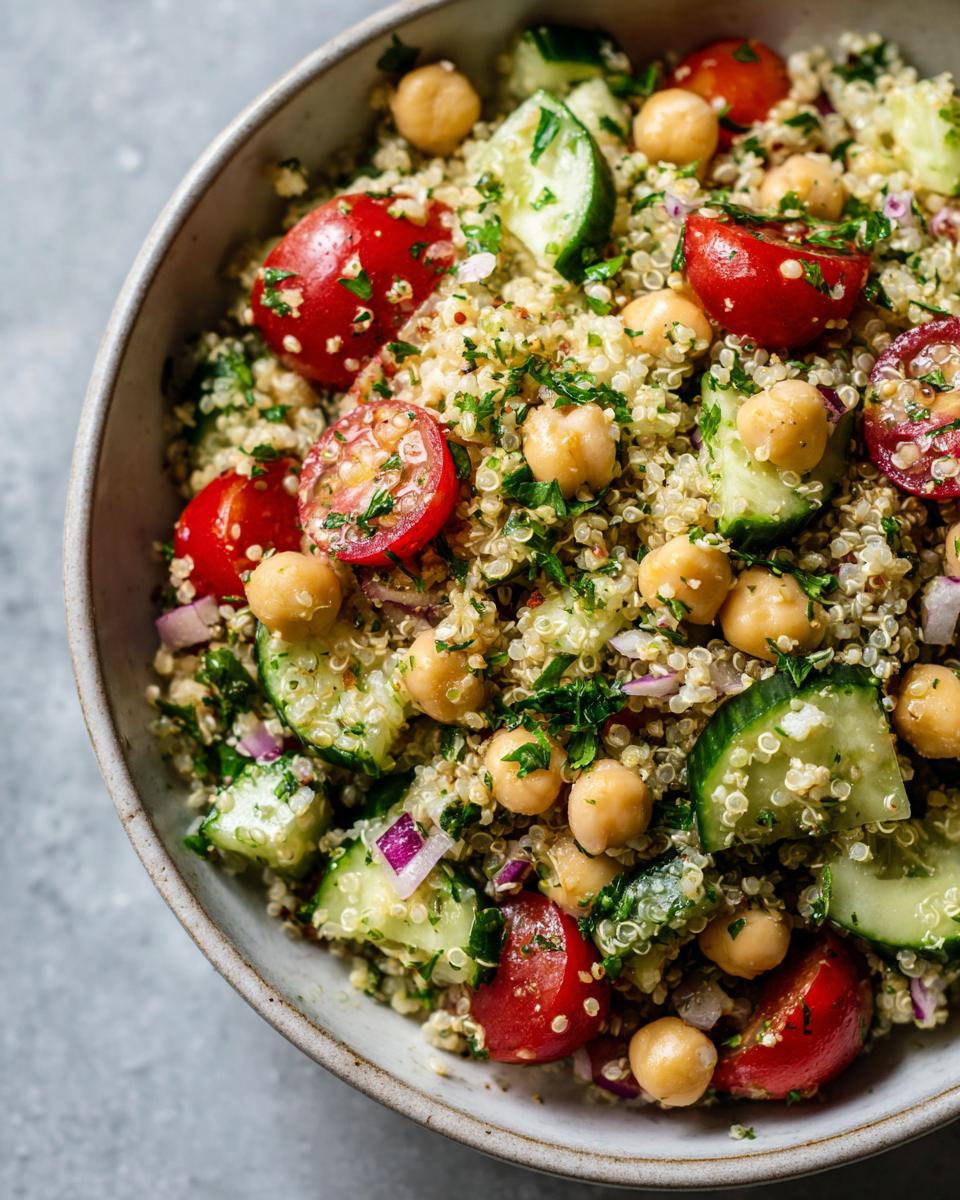 Close-up of a vibrant Quinoa Chickpea Salad with cherry tomatoes, cucumber, red onion, and parsley.