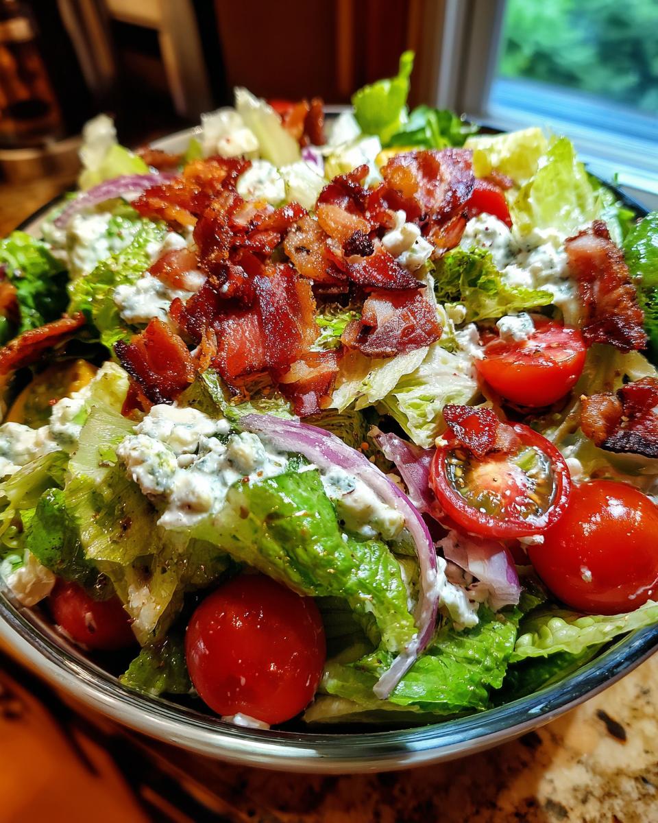 A close-up of a refreshing Ranch BLT Salad featuring crisp lettuce, cherry tomatoes, red onion, crumbled blue cheese, and crispy bacon.