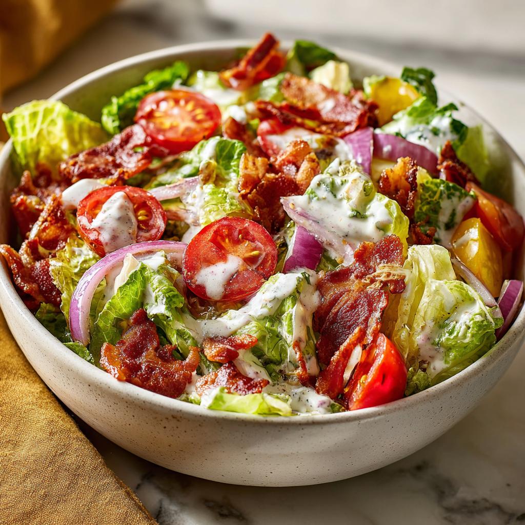 A close-up of a refreshing Ranch BLT Salad, featuring crisp lettuce, cherry tomatoes, red onion, and crumbled bacon with a creamy ranch dressing.
