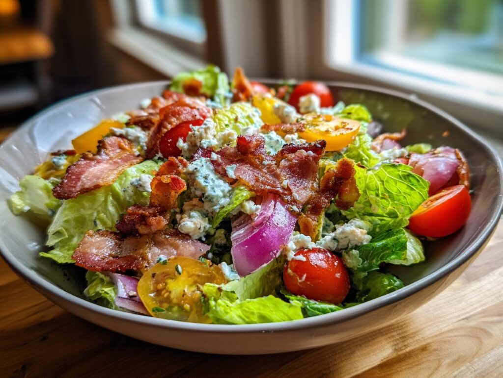 A close-up of a crisp Ranch BLT Salad featuring fresh lettuce, crumbled blue cheese, cherry tomatoes, and crispy bacon.