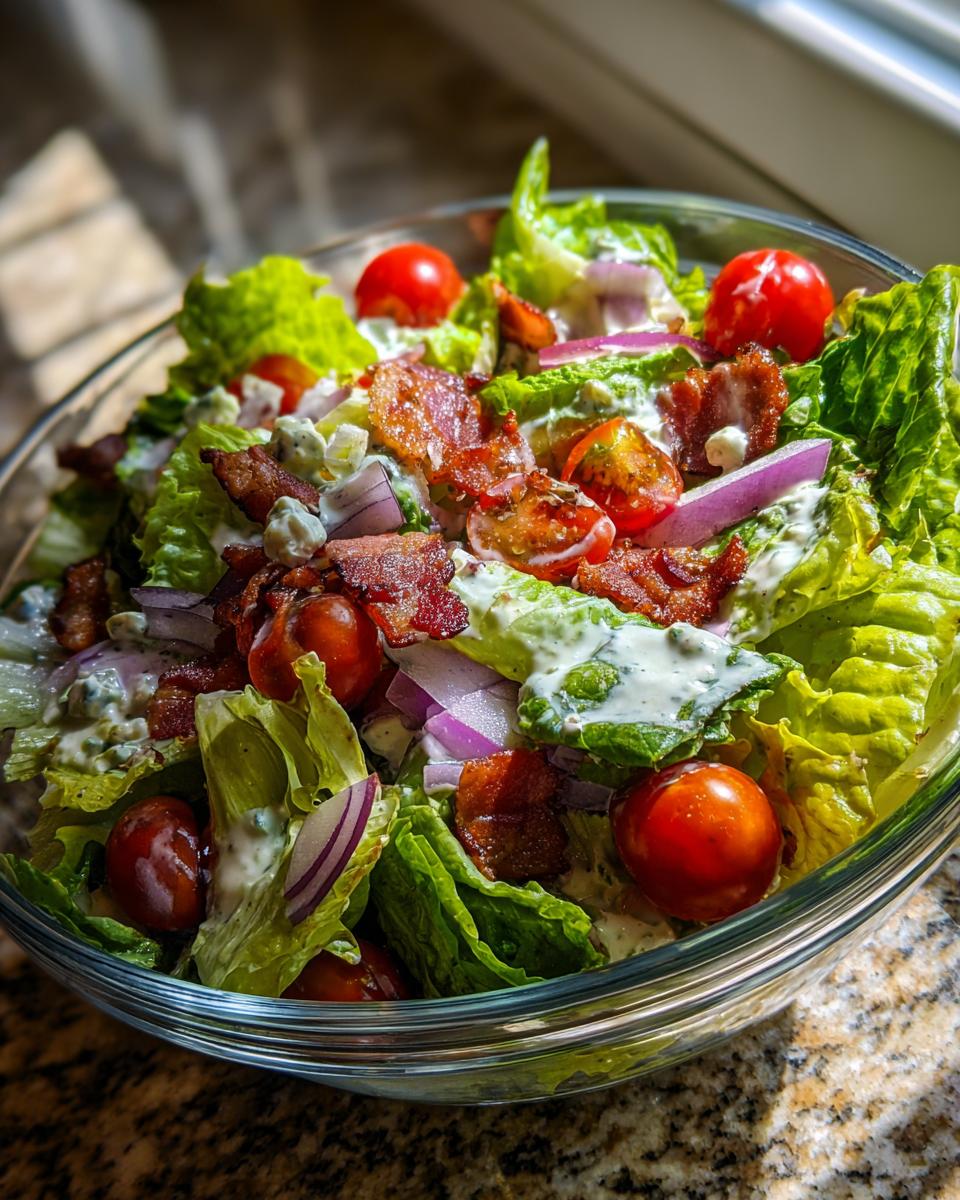 A refreshing bowl of Ranch BLT Salad with crisp lettuce, cherry tomatoes, bacon, red onion, and blue cheese crumbles.