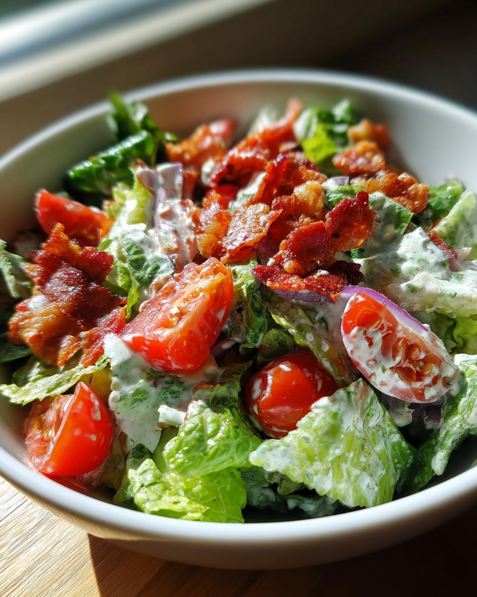 A refreshing bowl of Ranch BLT Salad featuring crisp lettuce, juicy tomatoes, crispy bacon, and creamy ranch dressing.