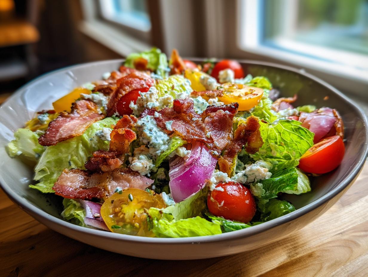 A close-up of a crisp Ranch BLT Salad featuring fresh lettuce, crumbled blue cheese, cherry tomatoes, and crispy bacon.