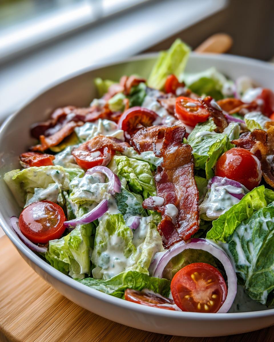 A close-up of a crisp Ranch BLT Salad with fresh lettuce, cherry tomatoes, red onion, and bacon, drizzled with creamy ranch dressing.