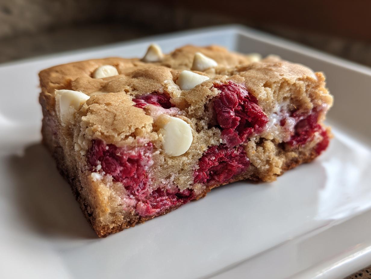 A close-up of a raspberry white chocolate blondie, showing chunks of white chocolate and fresh raspberries baked into a golden-brown blondie.