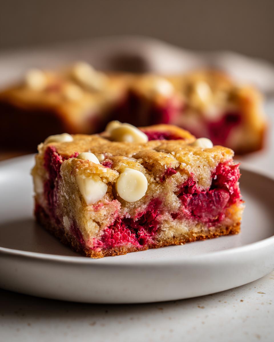A close-up of a raspberry white chocolate blondie slice on a plate, showcasing the vibrant raspberries and white chocolate chips.
