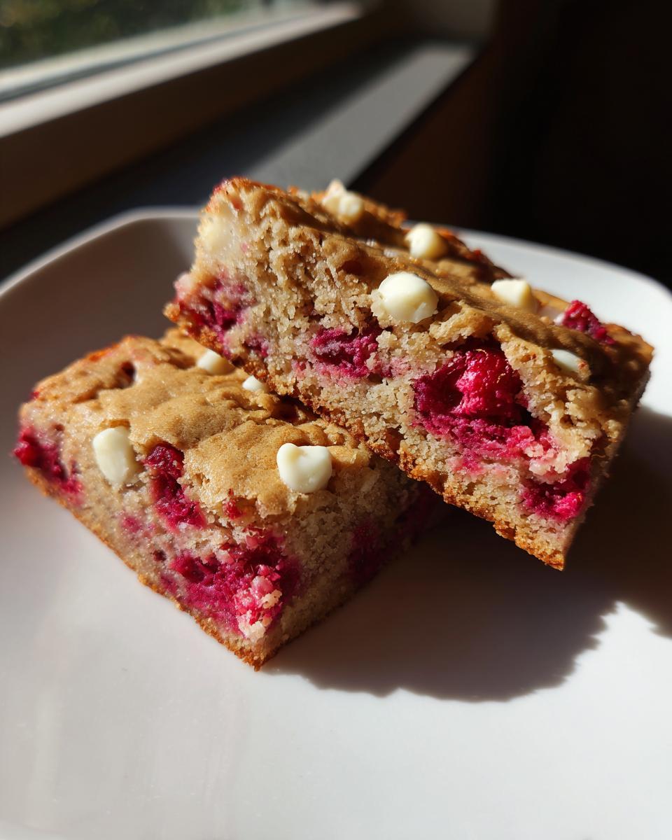 Two slices of Raspberry White Chocolate Blondies on a white plate, showcasing vibrant raspberries and white chocolate chips.