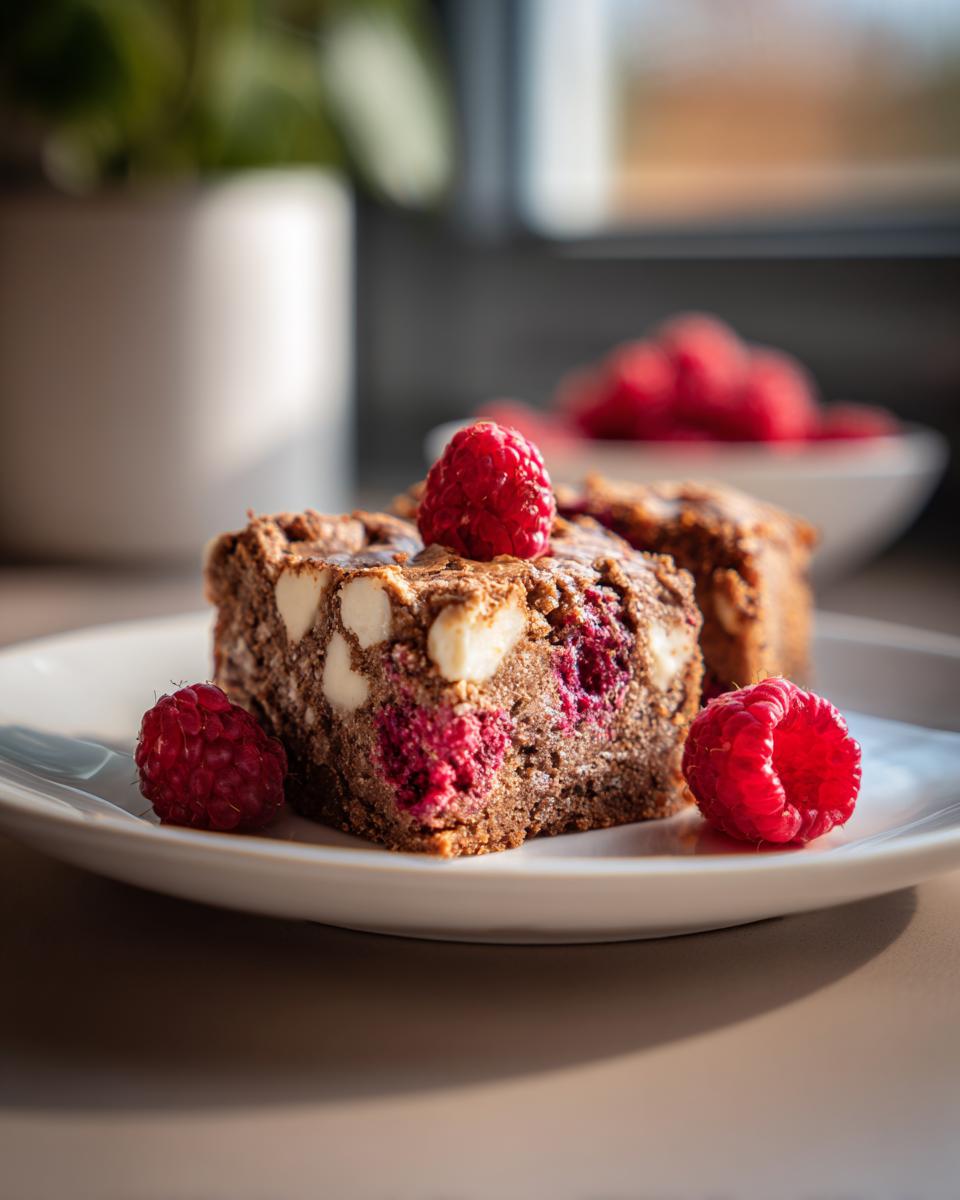 Close-up of a slice of raspberry white chocolate blondies, topped with fresh raspberries.