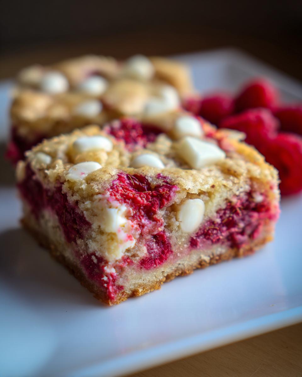 Close-up of a slice of Raspberry White Chocolate Blondies, showcasing raspberries and white chocolate chips.