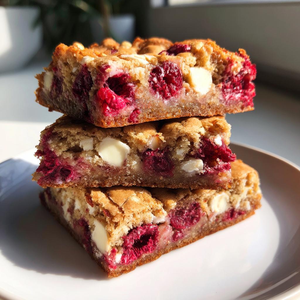 A stack of three homemade Raspberry White Chocolate Blondies, showing chunks of white chocolate and fresh raspberries.