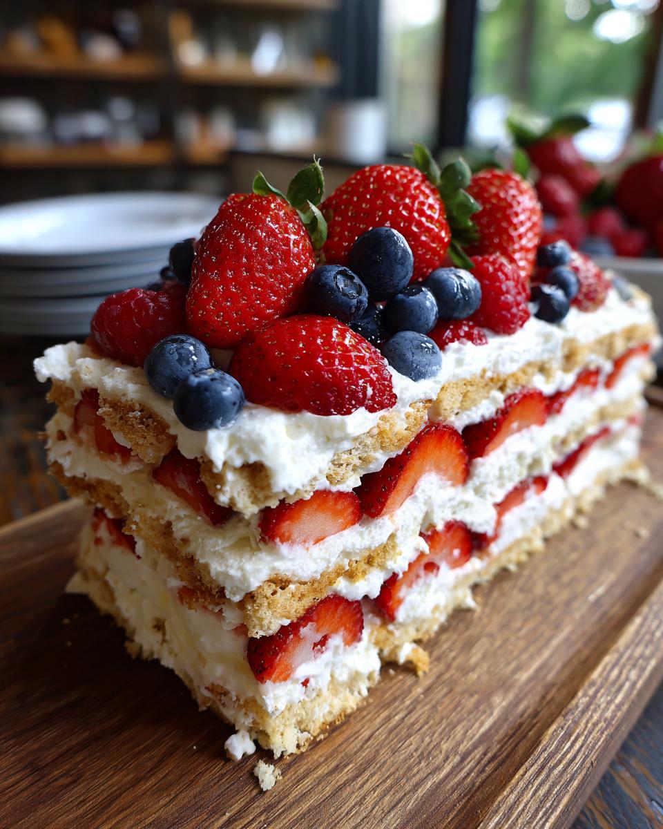 A slice of Red White Blue Icebox Cake with layers of whipped cream, strawberries, and blueberries on a wooden board.