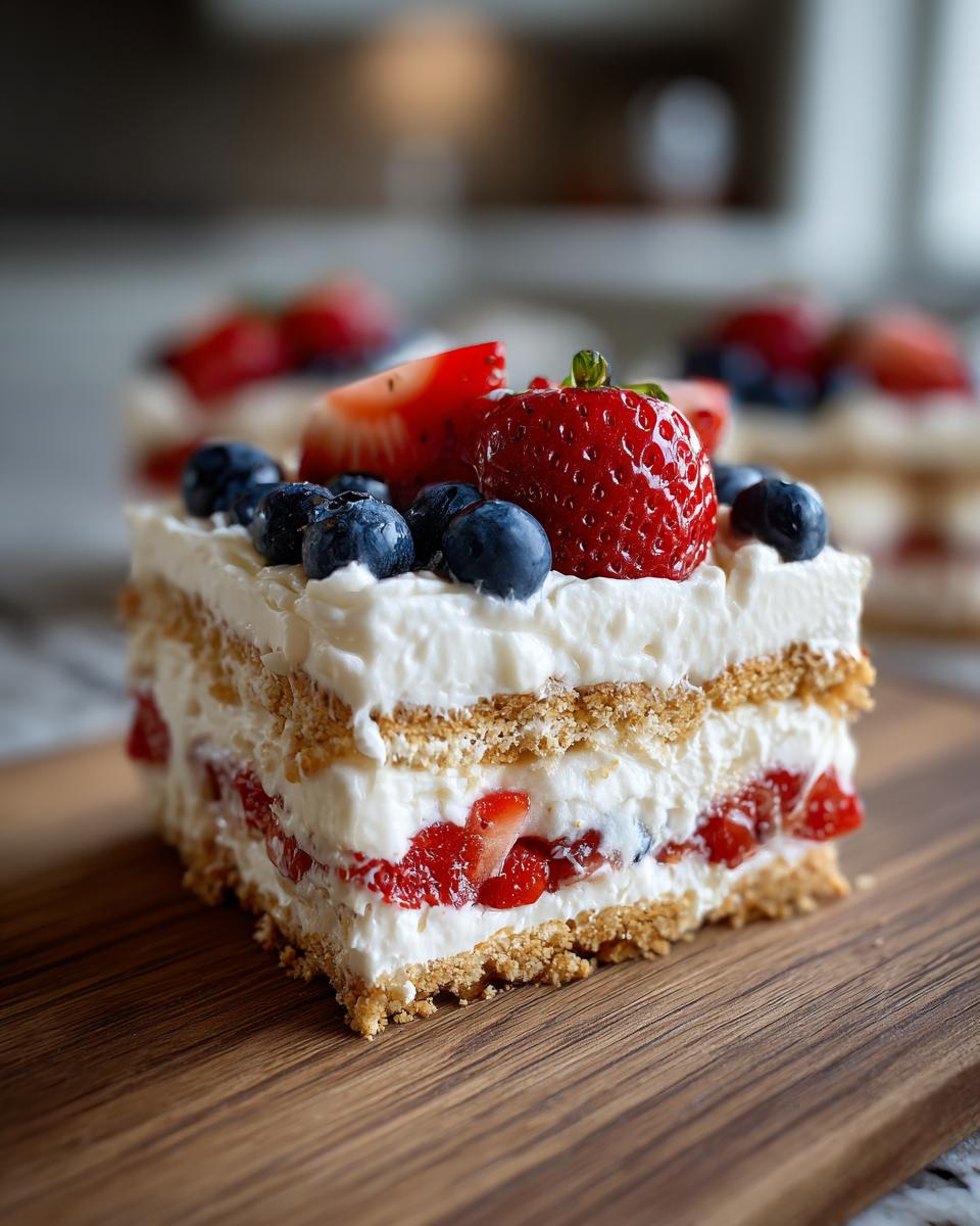 A slice of Red White Blue Icebox Cake, layered with cream, graham crackers, strawberries, and blueberries, topped with fresh fruit.