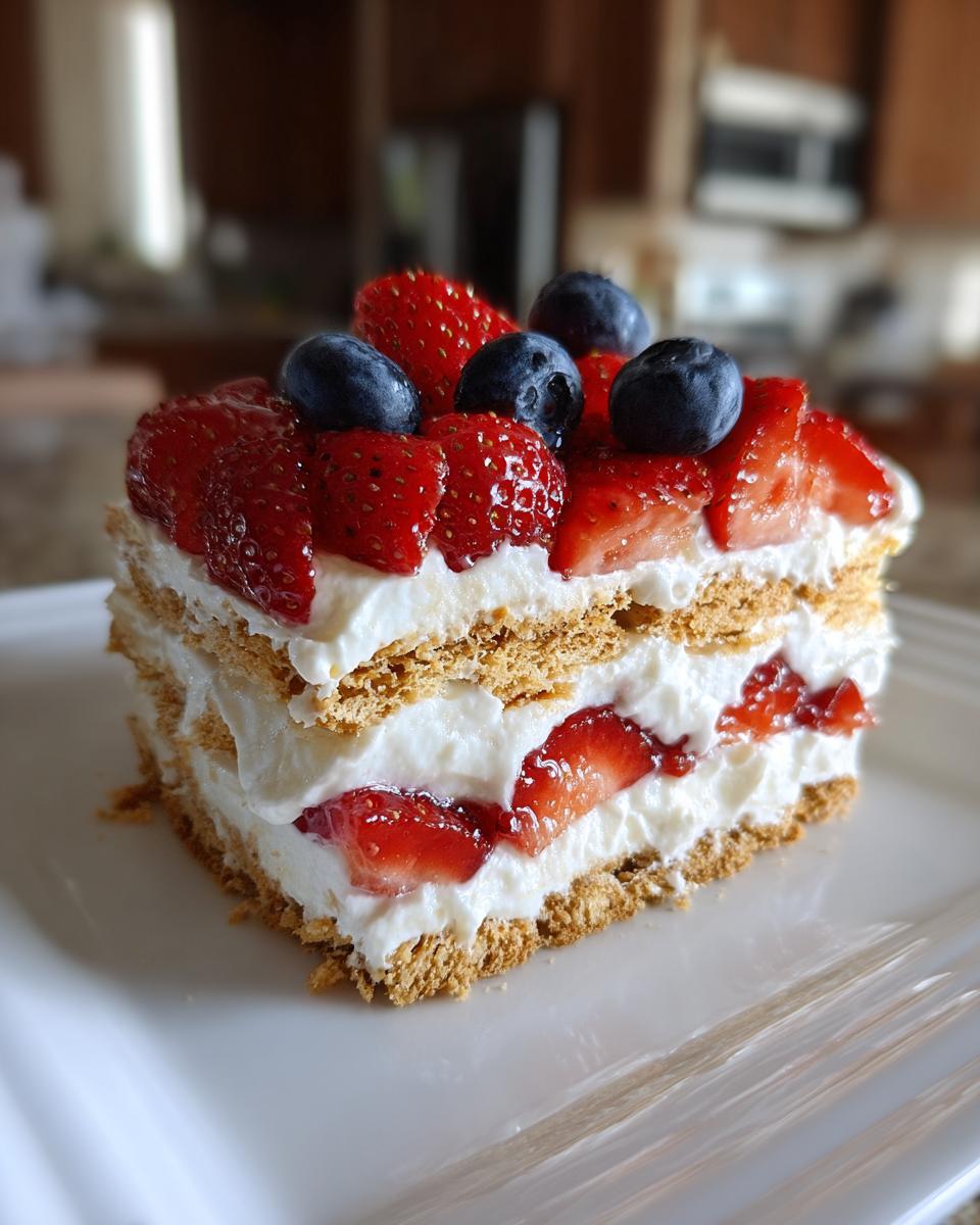A slice of red white blue icebox cake with strawberries and blueberries on top, perfect for Fourth of July desserts.